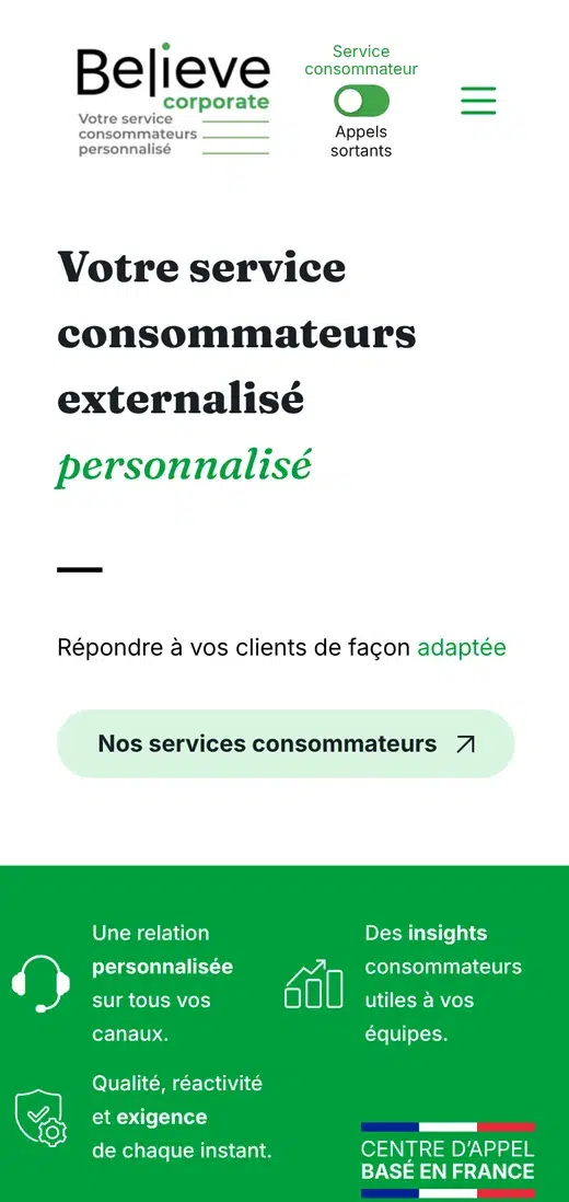 Page d’accueil du site Believe Corporate, sur mobile