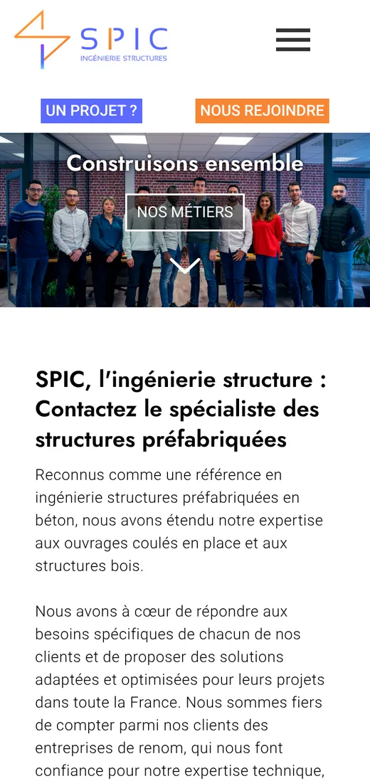 Page d’accueil du site SPIC BTP, sur mobile