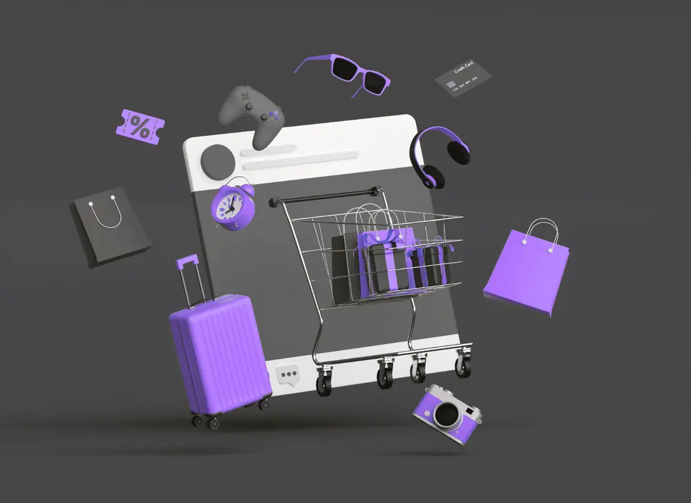 Panier, sacs et produits flottant autour d’une boutique en ligne