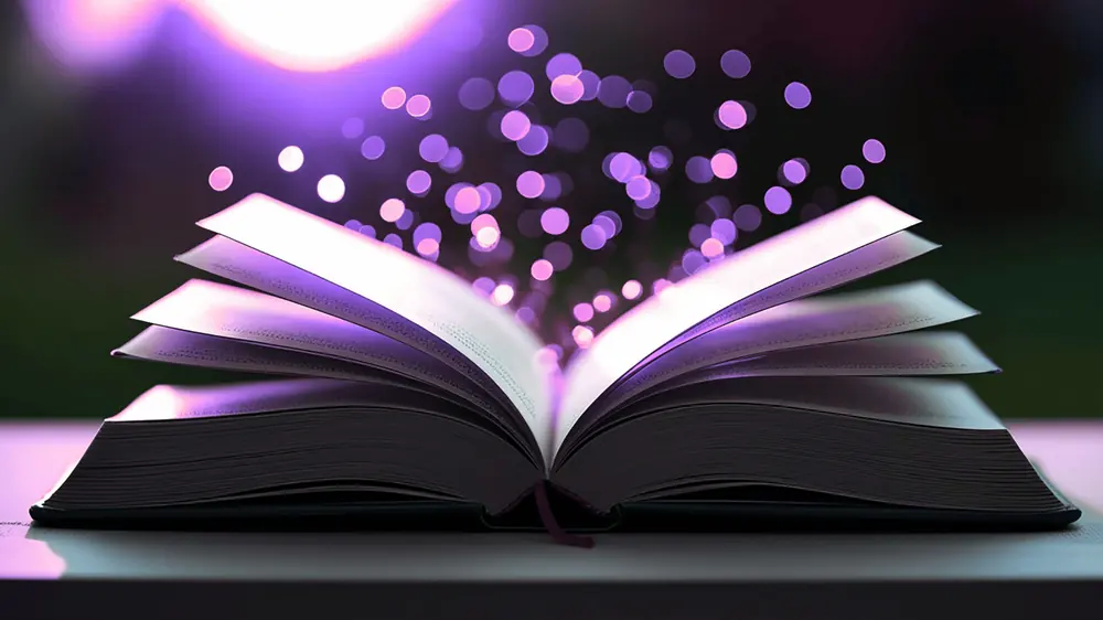 Livre ouvert d’où s’échappent des lumières violettes