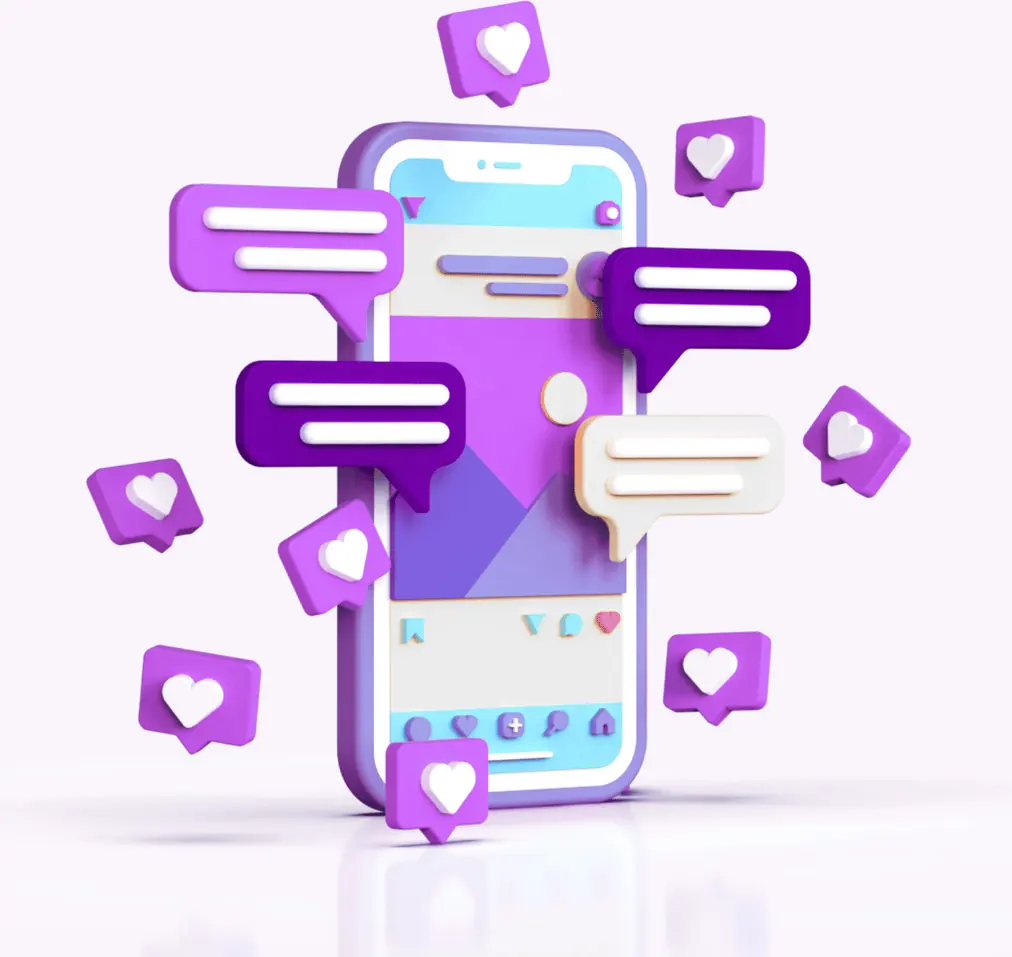 Smartphone entouré de bulles de messages et de réactions